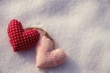 Fototapeta premium Image of soft toys in the snow. Handmade.