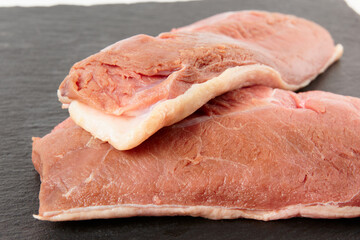 Two raw duck breast fillets on black slate plate
