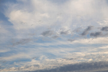blue sky with white clouds of various shapes, sunny day, texture