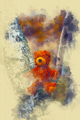 brown teddy bear sitting on tree in waterccolors