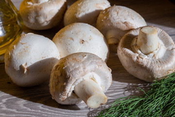 The fresh champignon mushrooms ready for cooking. A top view closeup of fresh mushrooms.