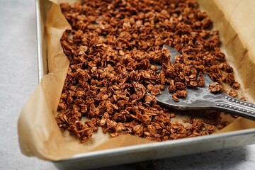 Homemade Chocolate cocoa Granola - healthy breakfast concept, selective focus