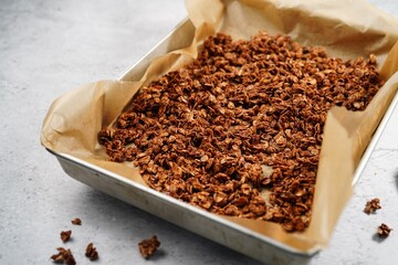 Homemade Chocolate cocoa Granola - healthy breakfast concept, selective focus