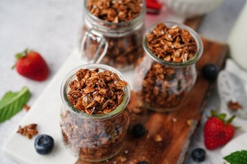 Homemade Chocolate cocoa Granola - healthy breakfast concept, selective focus