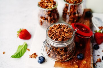 Homemade Chocolate cocoa Granola - healthy breakfast concept, selective focus