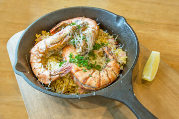 Grilled Tiger Prawn, Fish and Seafood focus selective.