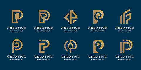 Set of collection monogram letter P logo.  creative of abstract initial p gold color design tempalte.Premium Vector