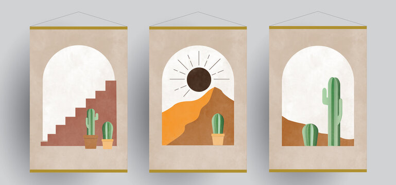 Set of three abstract boho backgrounds with stairs, cactus, sun and desert. Abstract plant art design for wall decoration, cover, wallpaper and postcard.