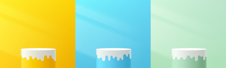 Set of abstract pastel yellow, blue, green cylinder pedestal podium. Modern fluid shape trendy color platform. Vector rendering 3d shape. Cosmetic product display presentation. Abstract room design.