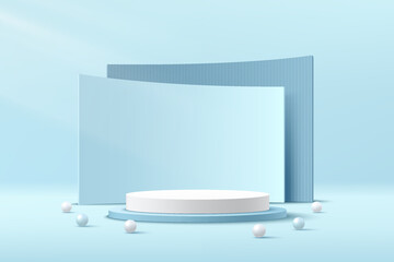 Vector rendering 3d shape, Product display presentation. Abstract room concept. Modern white, blue cylinder pedestal podium. Light blue color minimal wall scene with geometric backdrop. Sphere ball.