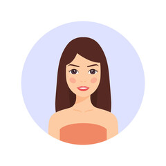 Round avatar of a beautiful young brunette girl. A woman in an orange dress with a sweet smile. Portrait of a young lady. Color flat cartoon style. White background. Vector stock illustration.