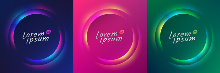 Set of blue, red-purple, green frame design. Abstract 3D cosmic vibrant color circle backdrop. Collection of glowing neon color on geometric background with copy space. Top view. futuristic style
