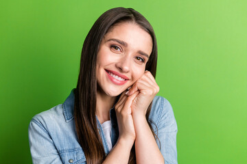 Portrait of attractive feminine cheerful girl enjoying good news mood day isolated over bright green color background