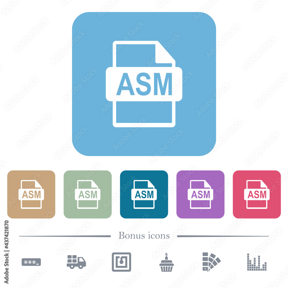 Poster asm file format flat icons on color rounded square backgrounds