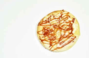 homemade pizza topping chicken sausage and cheese on white background