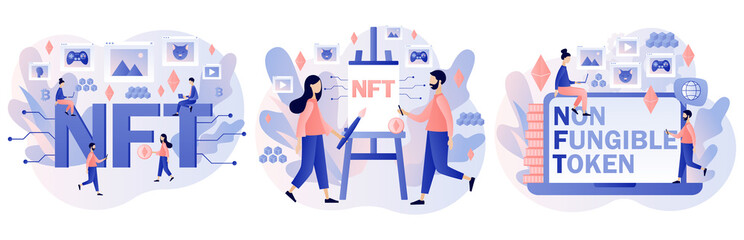 NTF. Non-fungible token. Tiny people investing in Crypto art, game, video. Online gallery nft art. Internet marketplace and blockchain technology. Modern flat cartoon style. Vector illustration