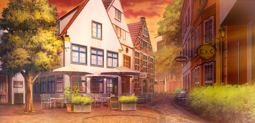 Fototapety  2D Illustration of Schnoor at the Everningtime, Anime background.  