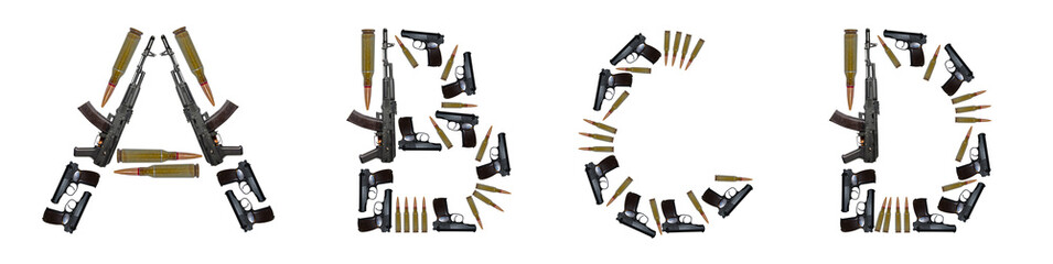 The letters A, B, C, D are made of weapons