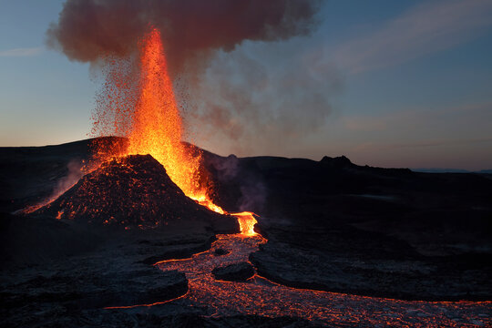 Reykjanes Peninsula, Iceland - May 4th 2021: Geldingadalir eruption and lava explosion 