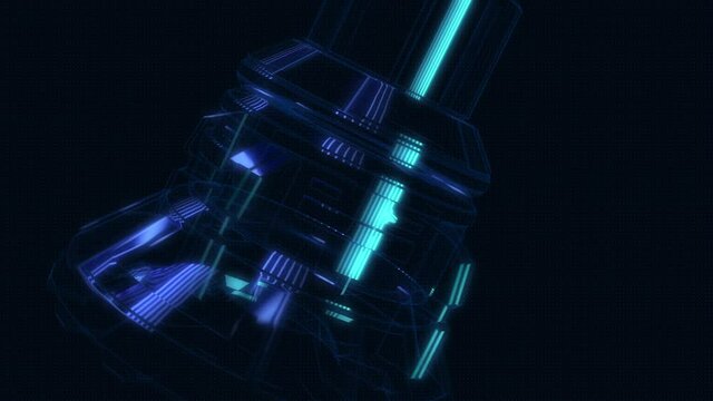 futuristic mechanical design, a mechanical piece in wireframe with an holo effect  (3d render)