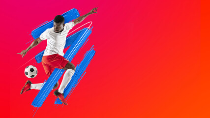 Fototapeta na wymiar Art collage. Young man, soccer footbal player training isolated in neon light on red background. Watercolor paints. Concept of sport, game, action.