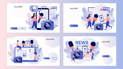 Journalist concept. Mass media news. TV, newspaper, internet and radio journalism. Screen template for landing page, template, ui, web, mobile app, poster, banner, flyer. Vector illustration - obrazy, fototapety, plakaty