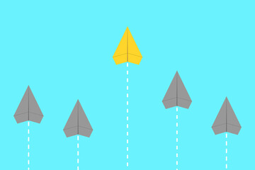 Paper planes flying in the same direction, golden one taking a lead. Concept of leadership, competitiveness, innovation, taking charge, boldness.