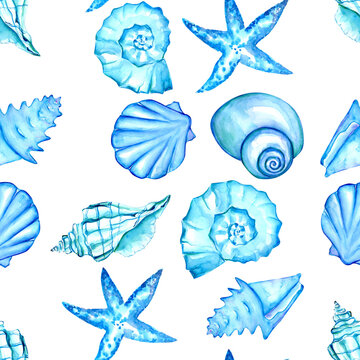 Hand drawn Watercolor seamless pattern of Seashell 