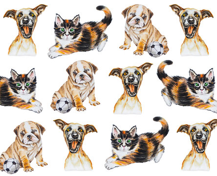 Watercolor  pattern of dogs and cats on white background.