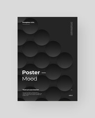Abstract Placard, Poster, Flyer, Banner Design. Dark, black illustration on vertical A4 format. 3d geometric shapes. Decorative neumorphism circles backdrop.