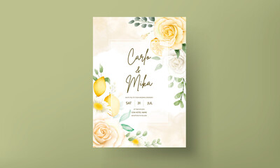 wedding invitation card with beautiful summer roses and lemon wreath frame