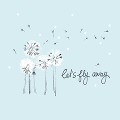 Let's Fly Away vector card. Hand drawn illustration of fluffy dandelions with seeds blowing in the wind. Handwritten quote. Cute card. Sense of adventure concept. Summer journey concept