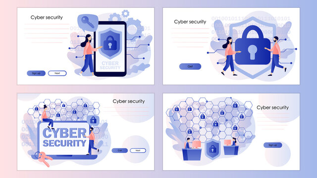 Cyber security. Global network security. Data protection. Computer services and electronic information. Screen template for landing page, template, ui, web, mobile app, poster, banner, flyer. Vector 