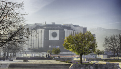 Cold morning view on National Palace of Culture in Sofia - obrazy, fototapety, plakaty