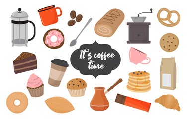 Coffee shop items vector illustration. Bakery products elements in flat style. Various pastry fast food icons. Barista set.