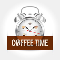 Coffee Time concept. Alarm clock with a brown information banner.