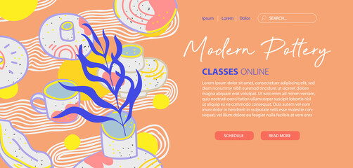 Modern pottery banner, website template, web page, landing page. Design for website and mobile site. Pottery school, ceramics courses, master class, workshop. Vector layout in doodle cartoon style