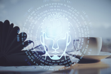 Double exposure of brain drawing and desktop with coffee and items on table background. Concept of...