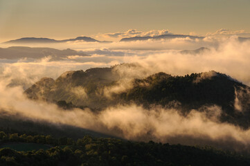 Autumnal sunrise seen from the Santuari dels Munts viewpoint in Lluçanès (Osona, Barcelona, Catalonia, Spain)