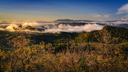 Autumnal sunrise seen from the Santuari dels Munts viewpoint in Lluçanès (Osona, Barcelona,...