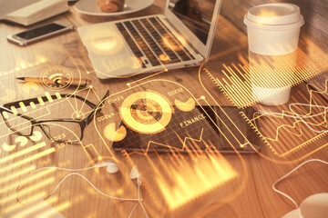 Double exposure of tech theme sketch over cell phone background. Concept of technology