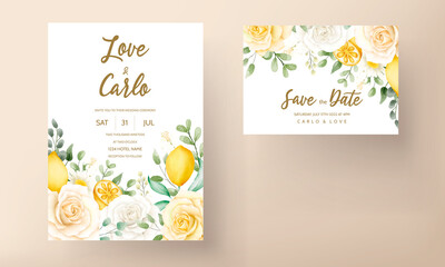 wedding invitation card with beautiful summer roses and lemon wreath frame