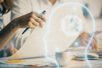 Double exposure of brain drawing over people taking notes background. Concept of Ai