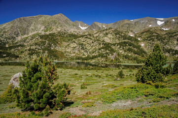 Fototapeta na wymiar Carlit Lakes, Les Bouillouses, in summer. In the background, the Carlit summit (Pyrenees Orientales, France)