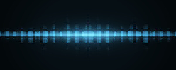 Sound light waves with halftone effect. Abstract background with glowing music equalizer for club party, pub, event dj or concert. Musical pulse and vibration on waveform. Vector illustration.