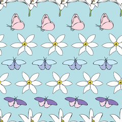 Vector blue background white flowers seamless pattern. Lilies, butteflies. Seamless pattern background