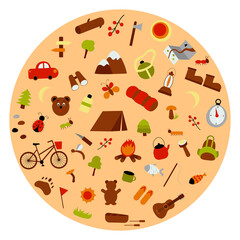 Vector flat set of hiking and camping elements. Collection in cartoon hand drawn style of camp equipment and wild animals