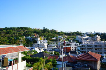 Aerial view of Naha city and sea shore in Okinawa, japan - 沖縄 那覇市の街並みと海
