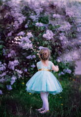 little girl in ball mint dress in lilac flowers