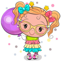 Cartoon Girl in a dress with bows and a purple balloon